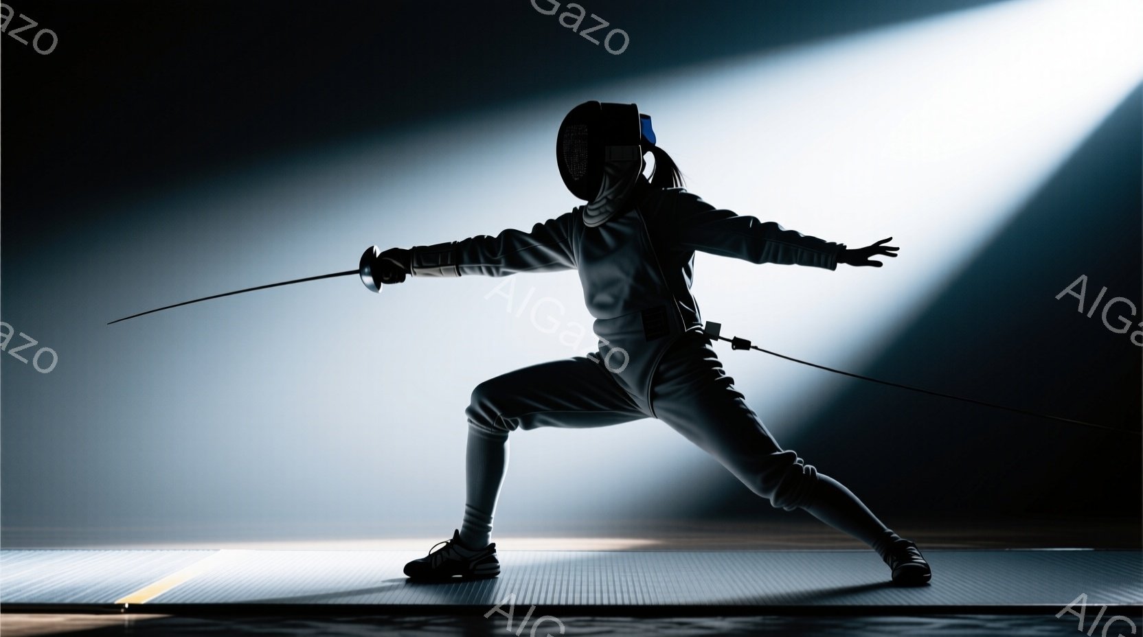 フェンシングの選手が、競技用のユニフォームとヘルメットを着用し、剣を構える姿が捉えられています。選手は片足を前に出し、身体を低く構え、集中した表情で相手を睨んでいます。背景は暗く、スポットライトが選手 - AI生成フリー素材