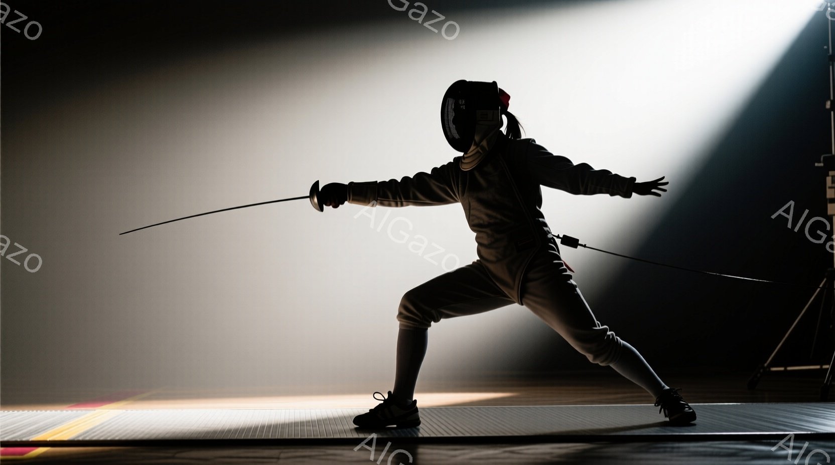 フェンシングの選手が競技中に写っている。白のフェンシングスーツとヘルメットを身につけ、剣を構え、左足を前に出して鋭い姿勢で立ち、競技に集中している様子が伺える。背景は暗く、競技場の床のみが明るく照らさ - AI生成フリー素材