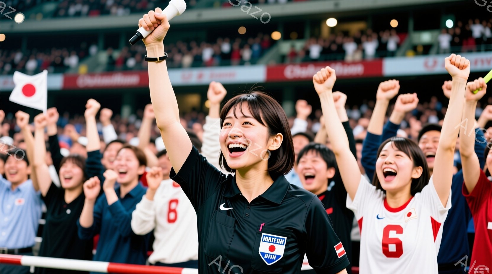 観客席で、審判と思われる女性が両手を高く上げて喜びを表現しています。彼女は黒い髪を肩まで伸ばし、青いシャツに白いズボンを着用しており、顔には満面の笑みを浮かべています。背景には多くの観客がおり、赤いシャツを着た女性たちが両手を上げて祝福している様子が伺え、スタジアム全体が熱狂的な雰囲気に包まれています。