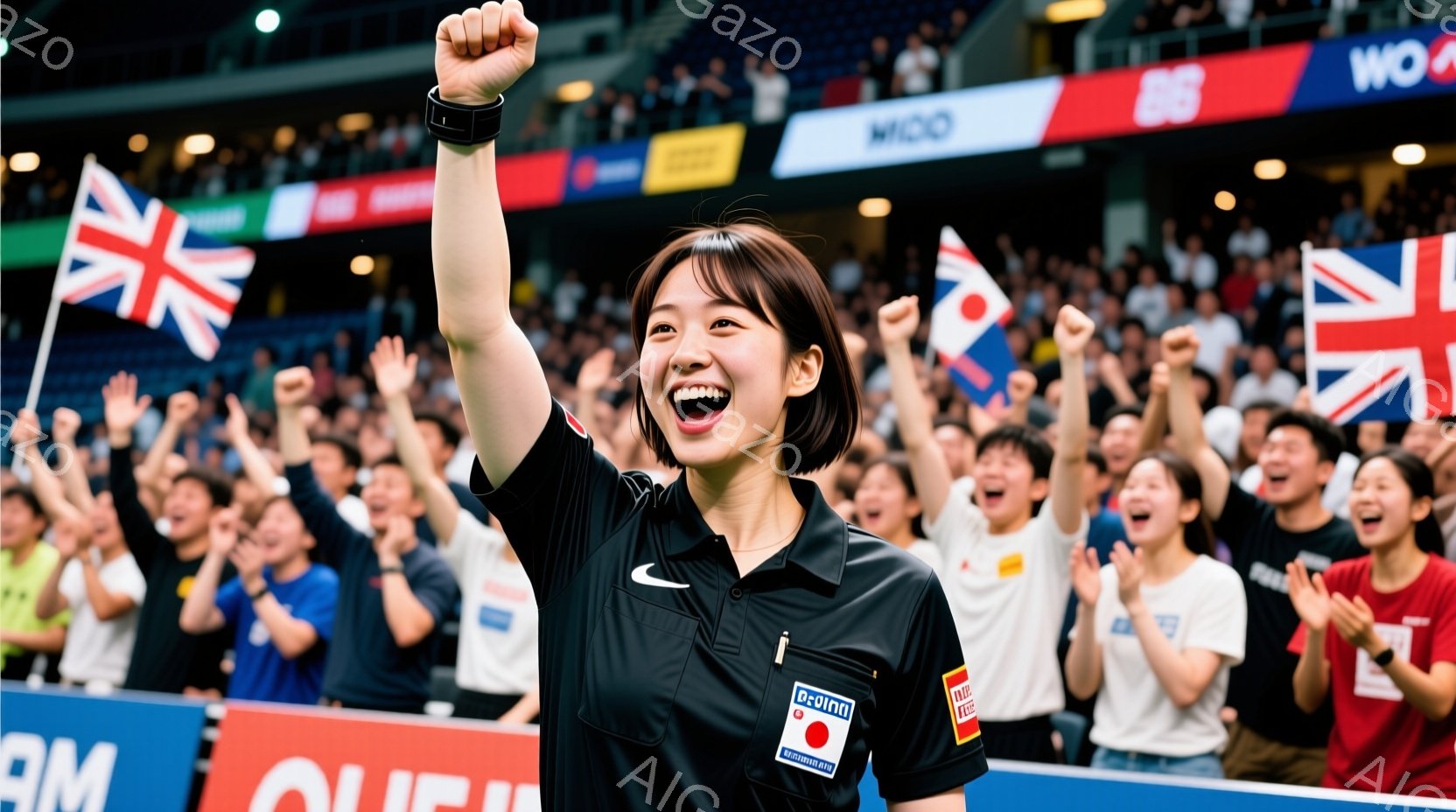 審判と思われる若い女性が映っています。彼女は黒髪で、襟付きの白いシャツに黒いズボンを着用し、腕には白いリストバンドを付けています。満員の観客席の前で、彼女は片手を高く上げ、満面の笑みを浮かべており、喜びと興奮に満ちた雰囲気が伝わってきます。