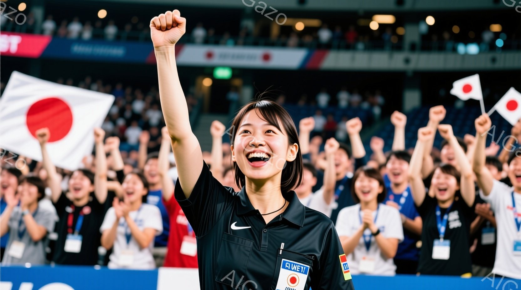 競技場の観客席を背景に、審判服を着た若い女性が両手を高く上げて歓喜しています。彼女は黒いシャツに白いショートパンツを着用し、髪は後ろでまとめています。背景には日本の国旗を振る観客が写り、競技場全体が興奮と熱気に満ちています。