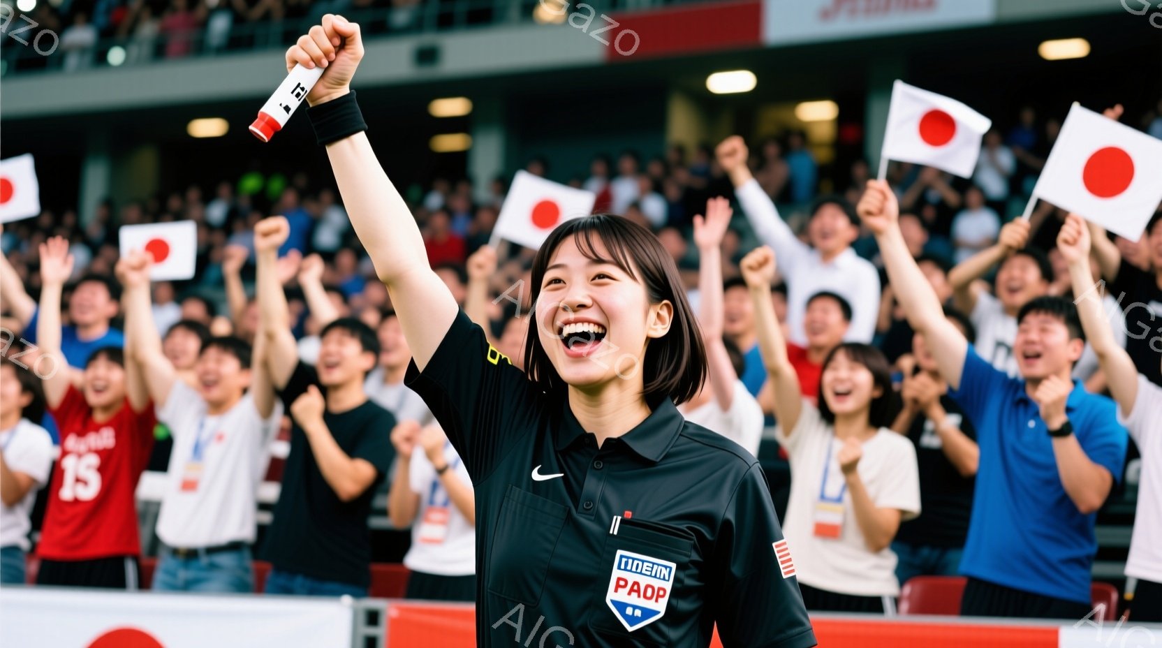 黒いシャツに黒いズボンを着用した女性が、満員の観客席の前で両手を上げて歓喜している様子を捉えている。彼女は笑顔で、興奮と喜びにあふれた表情で、背景には日本の国旗を振る観客が多数いる。スタジアムの観客席は活気に満ちており、興奮と熱狂的な雰囲気が伝わってくる。