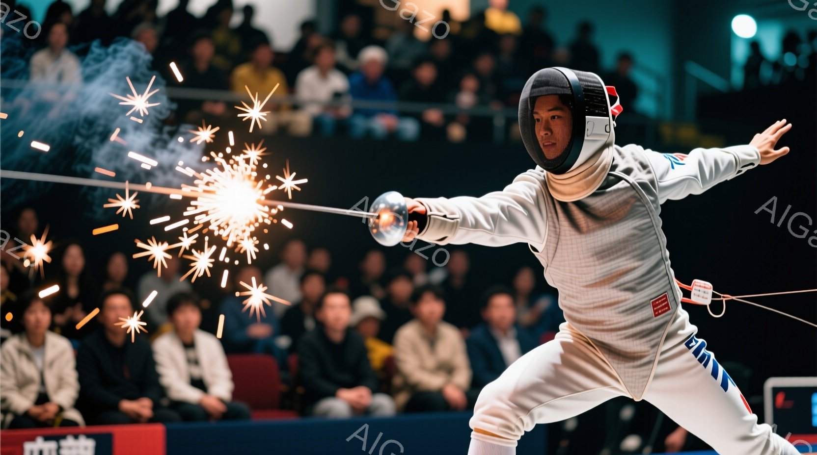 フェンシングの競技者が試合中に攻撃している瞬間を捉えた写真です。白いフェンシングスーツとヘルメットを着用し、剣を構え、左足を大きく踏み出して勢いよく前進しています。背景には観客席が広がり、競技場の照明が光り、緊張感と躍動感のある雰囲気が漂っています。