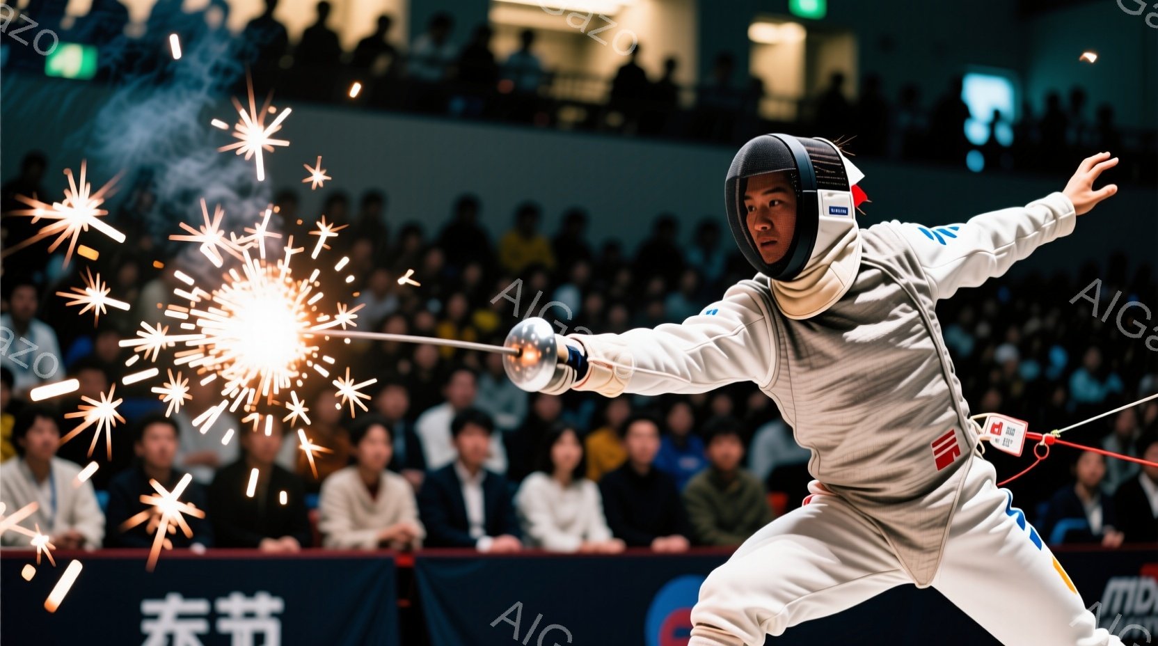 フェンシングの競技者が、試合中に攻撃の構えをとっている写真です。白のフェンシングスーツとマスクを着用し、集中した表情で剣を前に突き出しています。背景には観客席がぼやけ、競技場の熱気と緊張感が伝わってきます。