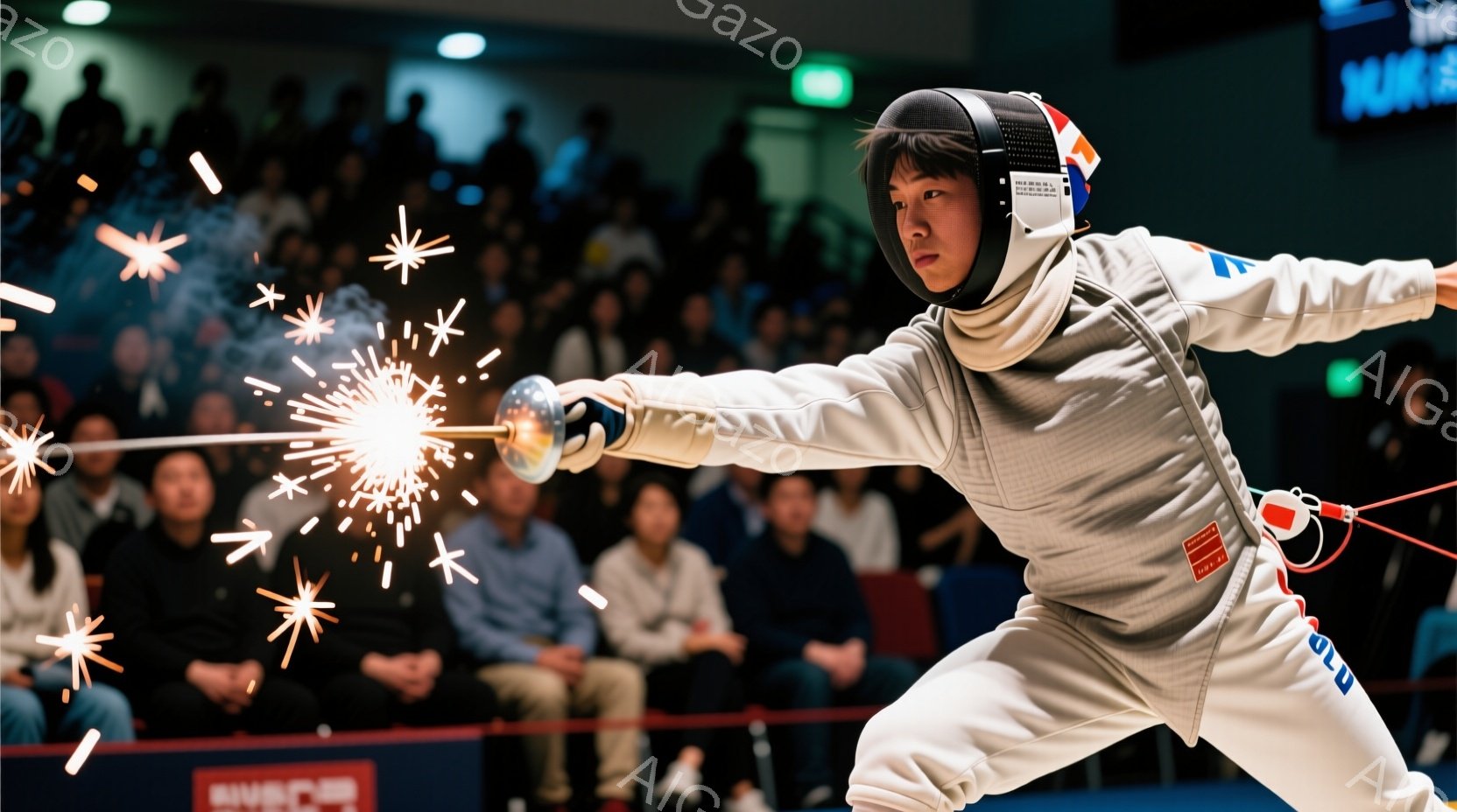 フェンシングの競技者が試合中に攻撃を繰り出している様子が写っている。白いフェンシングスーツに身を包み、ヘルメットを被っているため顔の表情はほとんど見えないが、集中した様子が伝わる。背景には観客席が見え、競技会場の熱気と緊張感が感じられる。