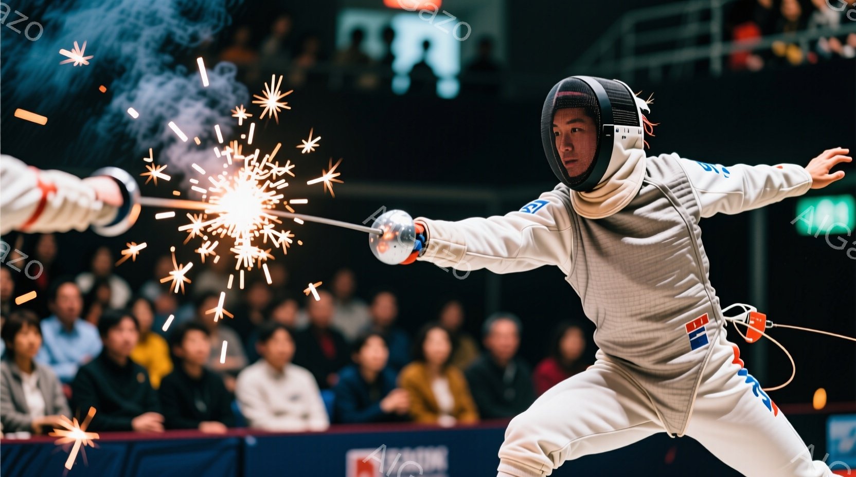 フェンシングの試合中の様子で、白いフェンシングスーツに身を包んだ選手が、相手の剣と激しくぶつかり、火花が散っている。選手は右手に剣を持ち、体を前に傾け、集中した表情で構え、強い緊張感が伝わってくる。背景には観客席が見え、試合の熱気を高めている。