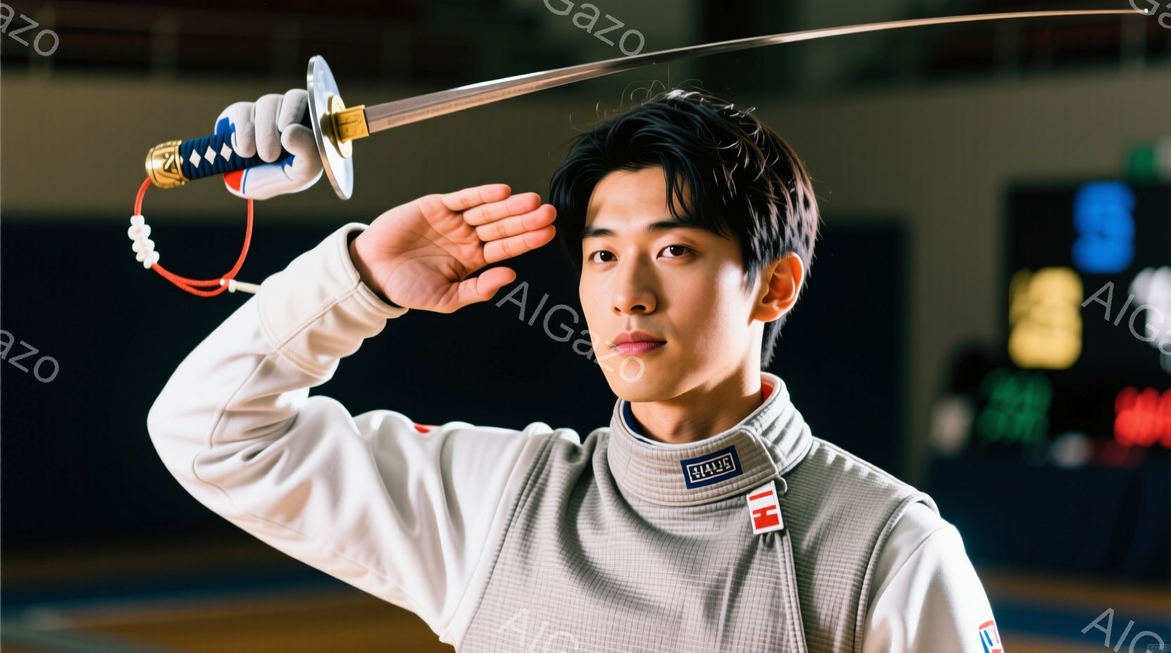 剣道をされている男性が写っています。白の剣道着に青い縁取りがあり、黒髪を後ろに撫でつけ、真剣な表情で構えています。背景は体育館のような場所で、ぼやけた観客席と照明が見えます。