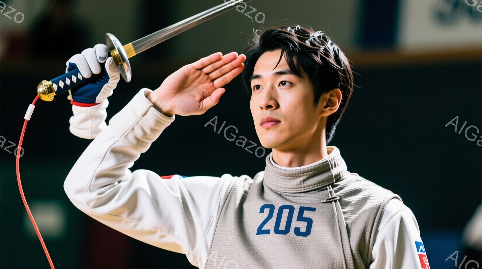 白いフェンシングスーツに「205」と書かれた男性が写っています。彼は右手を上げて敬礼の姿勢を取り、表情は真剣で集中しています。背景にはぼやけた体育館のような空間が広がっており、競技場のような雰囲気が漂っています。
