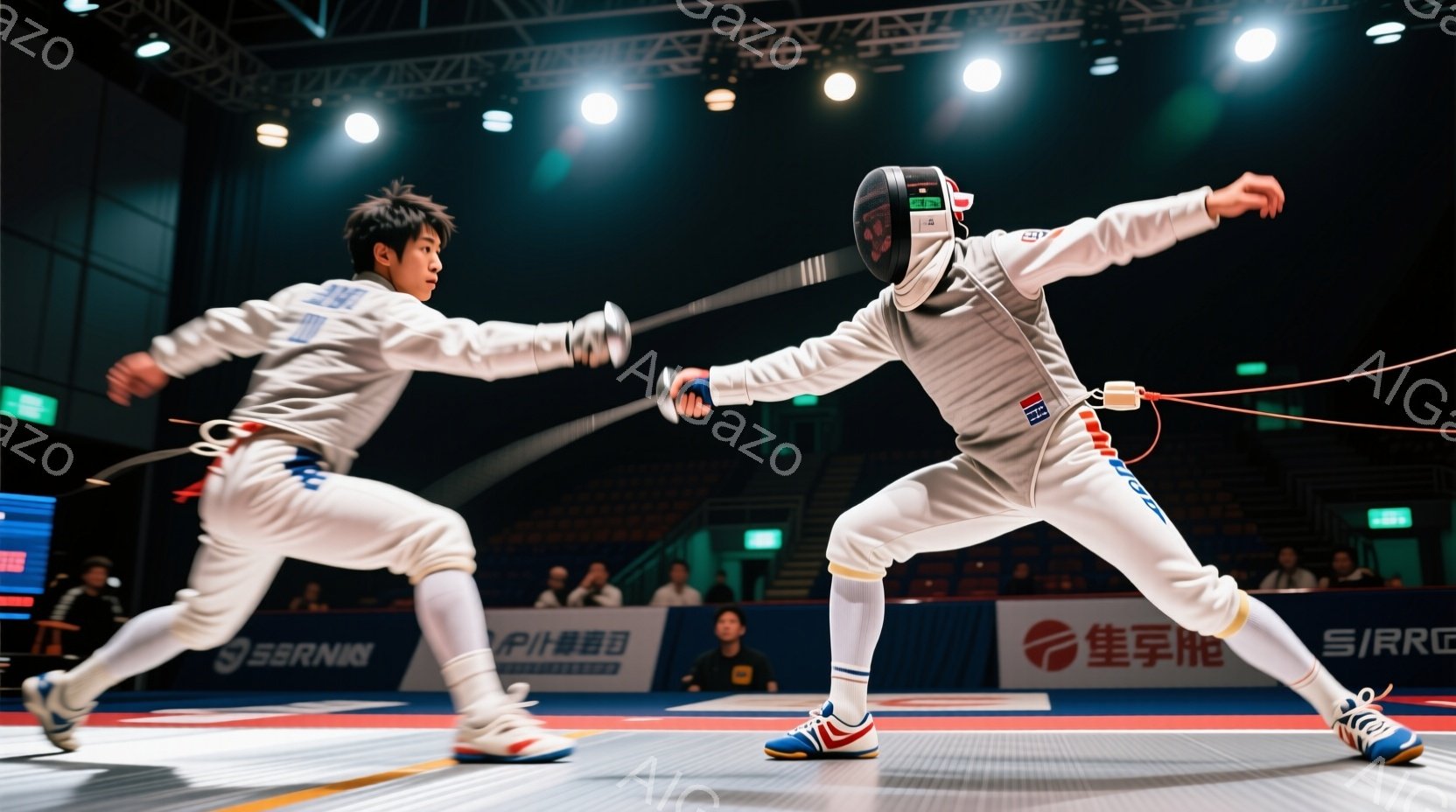競技場内でフェンシングの試合が行われており、二人の選手が互いに剣を構え、激しい攻防を繰り広げている様子が捉えられています。選手たちは白いフェンシングスーツとマスクを着用し、動きやすい服装で臨んでいます - AI生成フリー素材