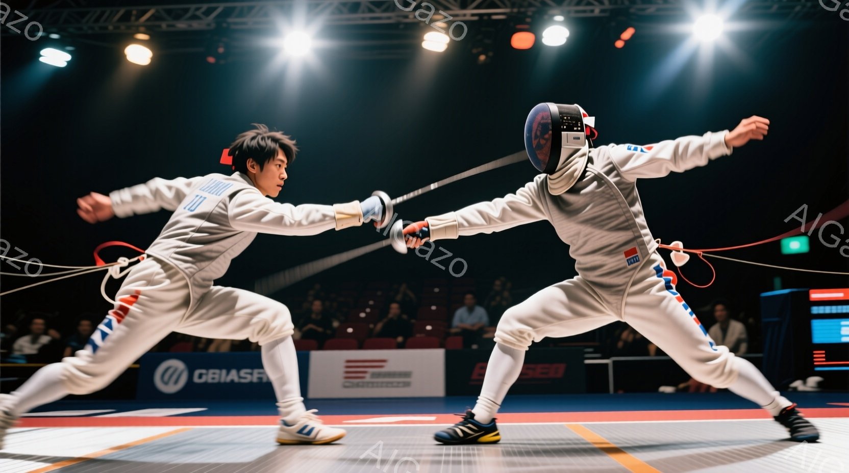 競技場の床で、フェンシングのユニフォームを着た二人の選手が対峙している。片方の選手は黒髪で、決意に満ちた表情で剣を構え、もう片方の選手は金髪で、同様に剣を構え、緊張感のあるポーズをとっている。背景には - AI生成フリー素材