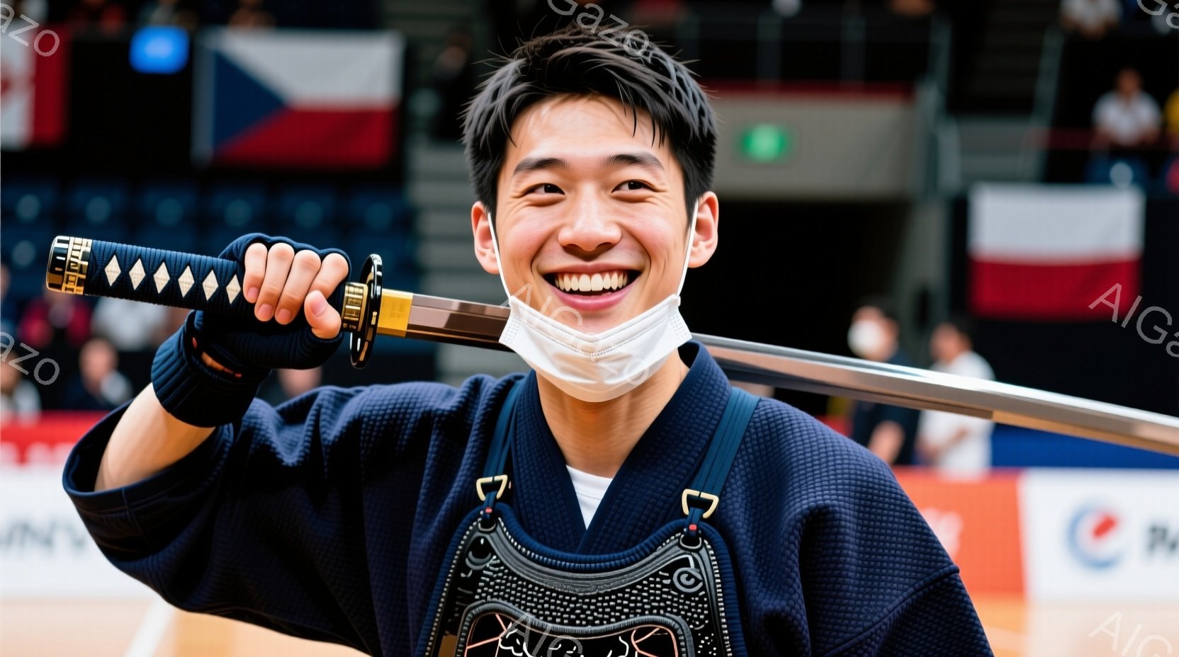 剣道着を着用した若い男性が、満面の笑みで日本刀を高く掲げています。黒髪は短く整えられ、白いマスクを着用しており、胸には装飾が施された胴鎧が見えます。背景には観客席とぼやけた人物、そして壁に掲げられたロ - AI生成フリー素材