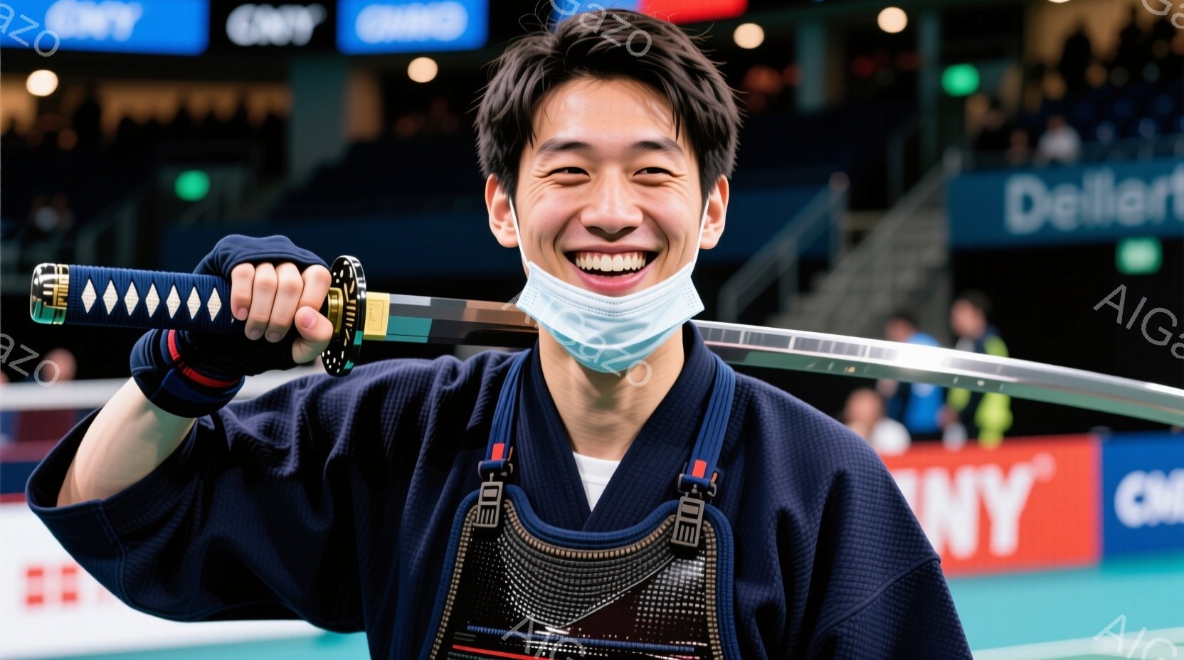 若い男性が笑顔で刀を構えている写真です。彼は藍色の着物のような服装に黒色の鎧を着け、髪は短く整えられています。背景にはニューヨークの文字が見え、会場の照明が光り、活気のある雰囲気が伝わってきます。