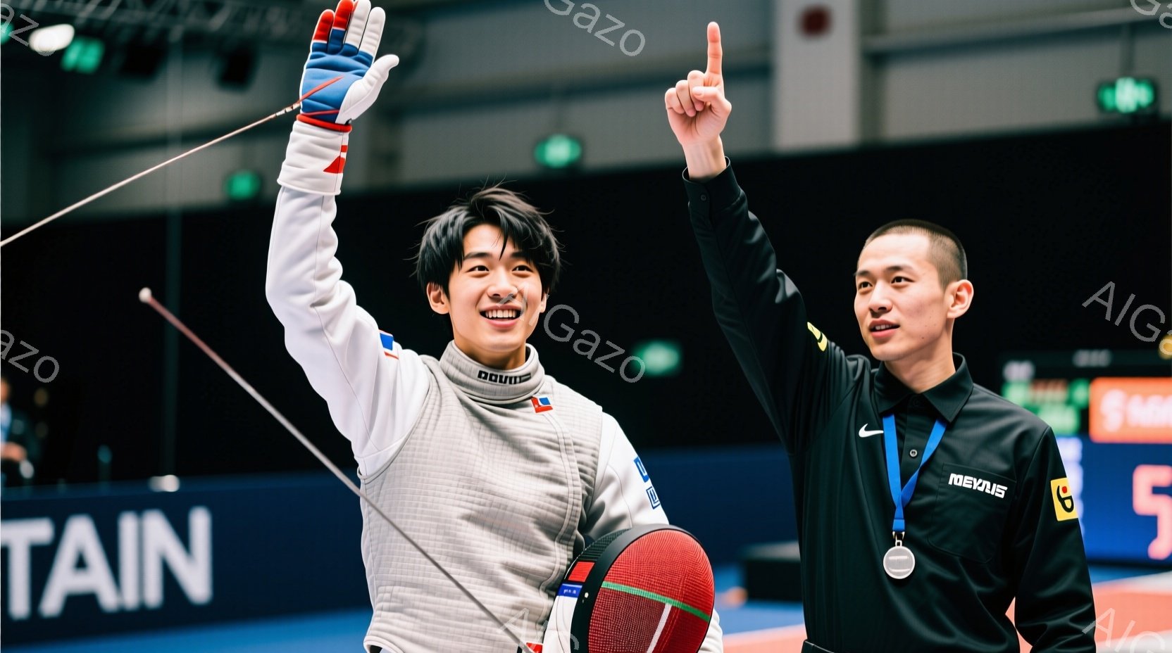 フェンシングの試合の様子で、一人の選手が剣を高く上げ、勝利を喜んでいる姿が捉えられています。彼は白いフェンシングスーツに身を包み、髪は軽く乱れ、満面の笑みを浮かべています。背景には観客席の一部と、競技 - AI生成フリー素材