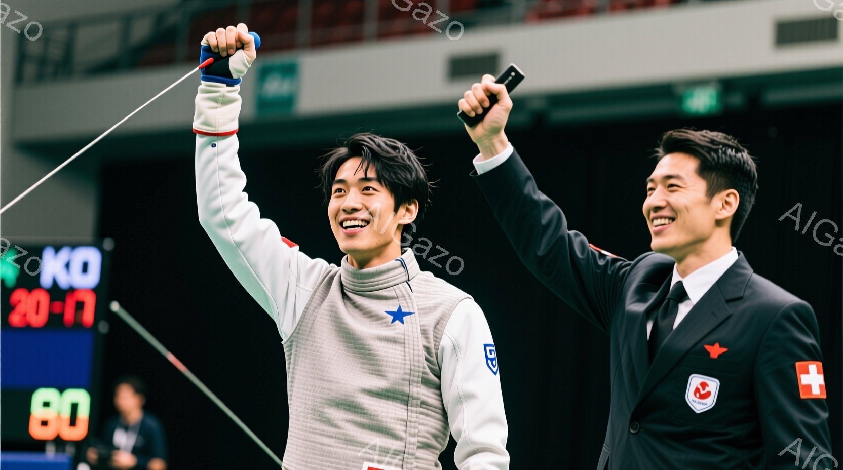 フェンシングの試合で勝利したと思われる若い男性アスリートが写っています。彼は白いフェンシングスーツを着用し、頭には保護マスクを付けて、片手を高く上げて喜びを表しています。背景には、スコアボードや観客席 - AI生成フリー素材