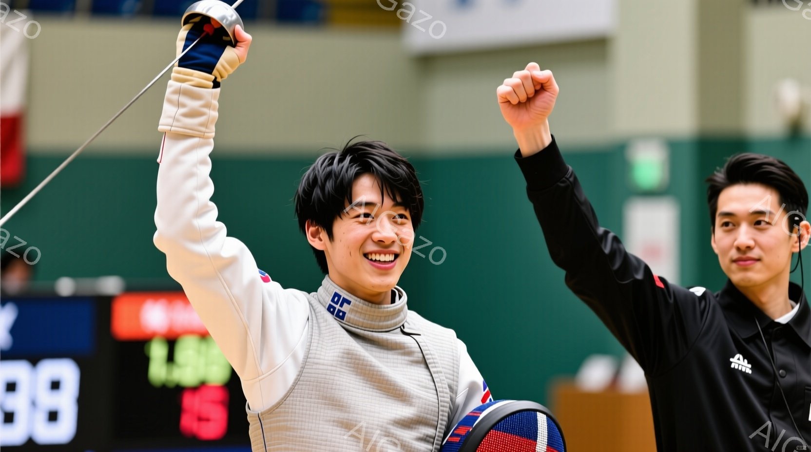 フェンシングの選手が試合で勝利し、喜びのあまり片手を高く上げています。彼は白いフェンシングスーツに青い襟と肩当てを身に着け、黒髪を短く整えています。背景にはスコアボードや観客席が見え、会場の熱気と興奮が伝わってきます。