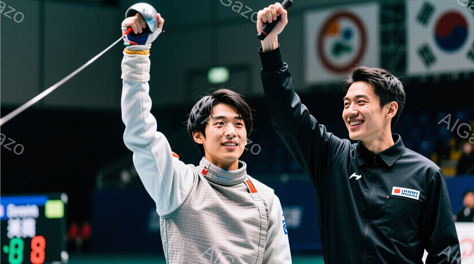 フェンシングの競技者が写っており、片方の選手は白いフェンシングスーツを着て、片手を上げてフェンシングの剣を高く掲げています。もう一人の選手は黒いジャケットを着ており、興奮した表情で拳を高く上げています。背景には、韓国の国旗と、競技のスコアボードが見え、勝利を祝うような熱気のある雰囲気が伝わってきます。