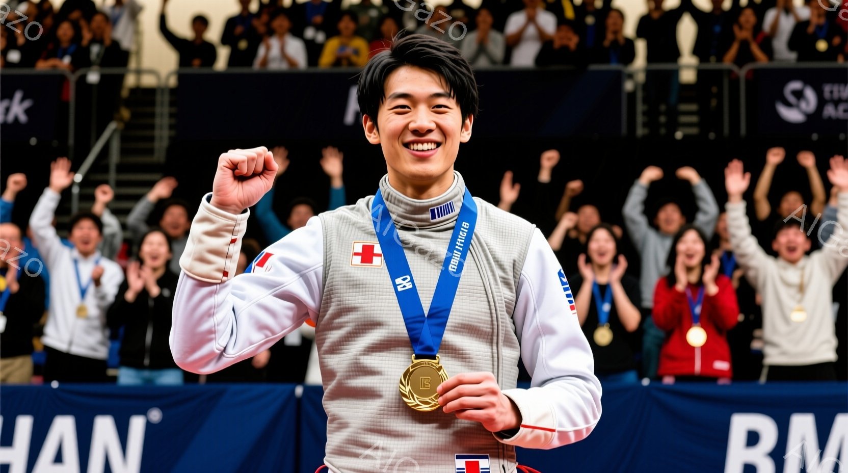 柔道着を着て金メダルを首から下げた若い男性選手が写っています。彼は拳を握り、満面の笑みを浮かべ、勝利の喜びを表現しています。背景には観客席が見え、競技会場の熱気と興奮が伝わってきます。 - AI生成フリー素材