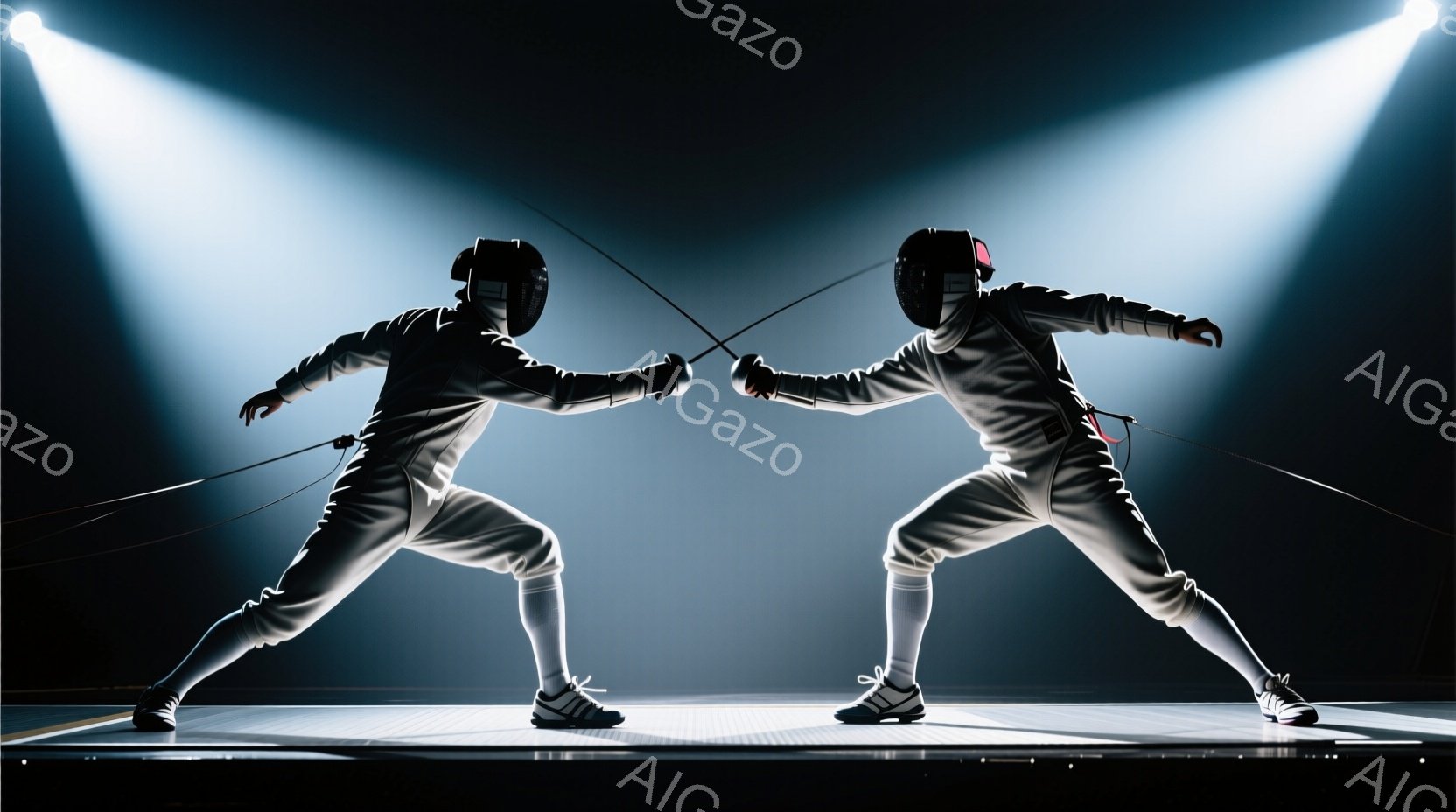 フェンシングの選手が二人、白いユニフォームとヘルメットを着用し、剣を構えて対峙している。彼らは片足を大きく踏み出し、体を低く構え、相手の攻撃に備えている。背景は暗く、スポットライトが選手たちを照らし出し、緊張感と集中した雰囲気を強調している。