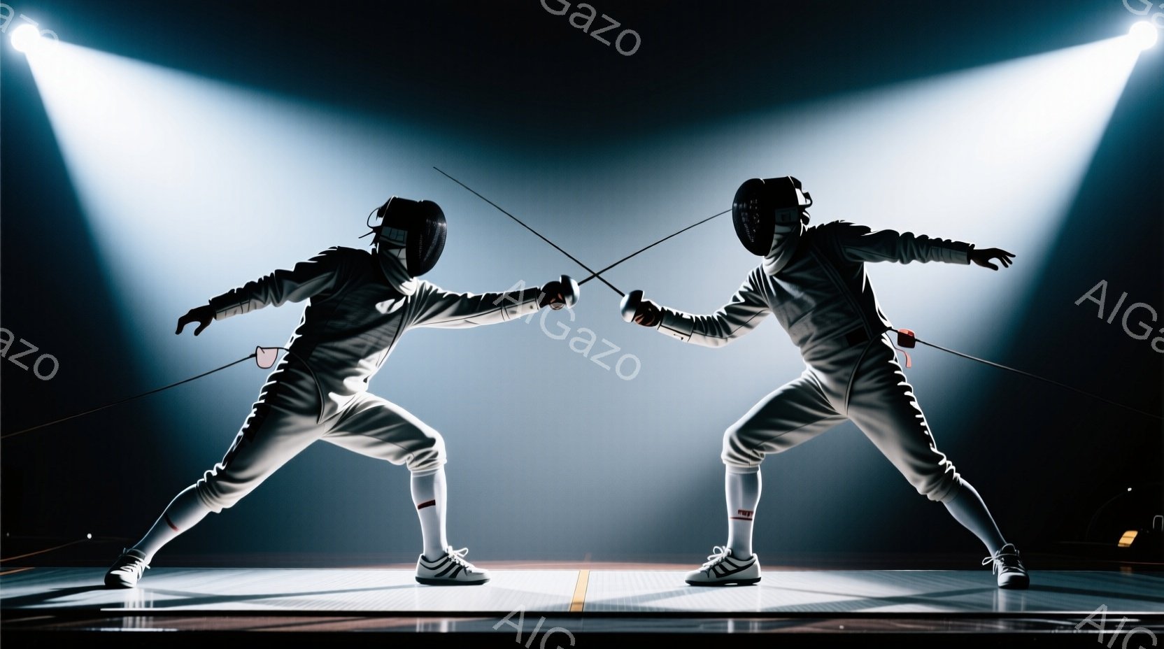 フェンシングの選手が二人、競技場で対峙している様子が写っています。白いフェンシングスーツとヘルメットを着用し、剣を構え、互いを警戒しながらも冷静な姿勢を見せています。背景は暗く、スポットライトが選手た - AI生成フリー素材