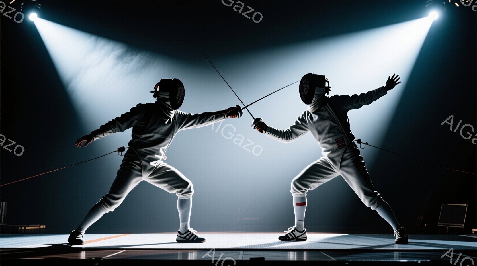 フェンシングの選手が二人、競技場で対峙している。白のフェンシングスーツとマスクを着用し、剣を構え、互いに攻撃の機会をうかがっている。背景は暗く、スポットライトによって選手が照らし出されており、緊張感のある競技の雰囲気が漂っている。