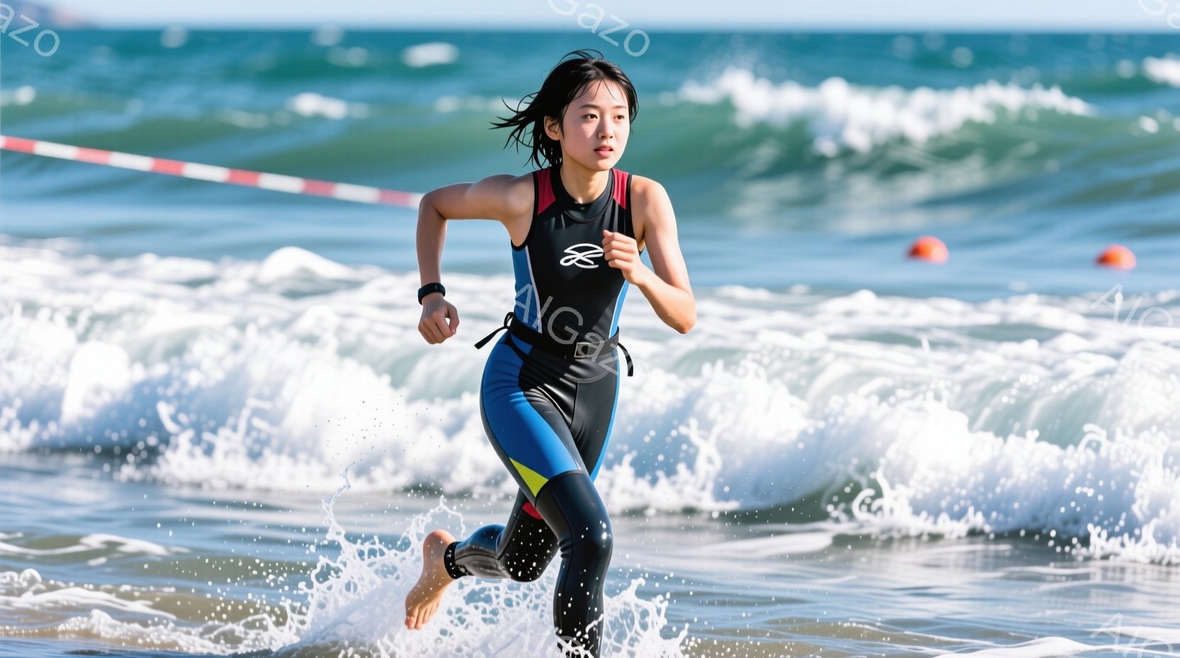 競技用水着を身につけた女性が、波打ち際を力強く走っている姿が捉えられている。黒と青のつなぎ服は引き締まったシルエットで、足は裸足である。背景には穏やかな海が広がり、競技用の赤いテープが張られており、晴 - AI生成フリー素材
