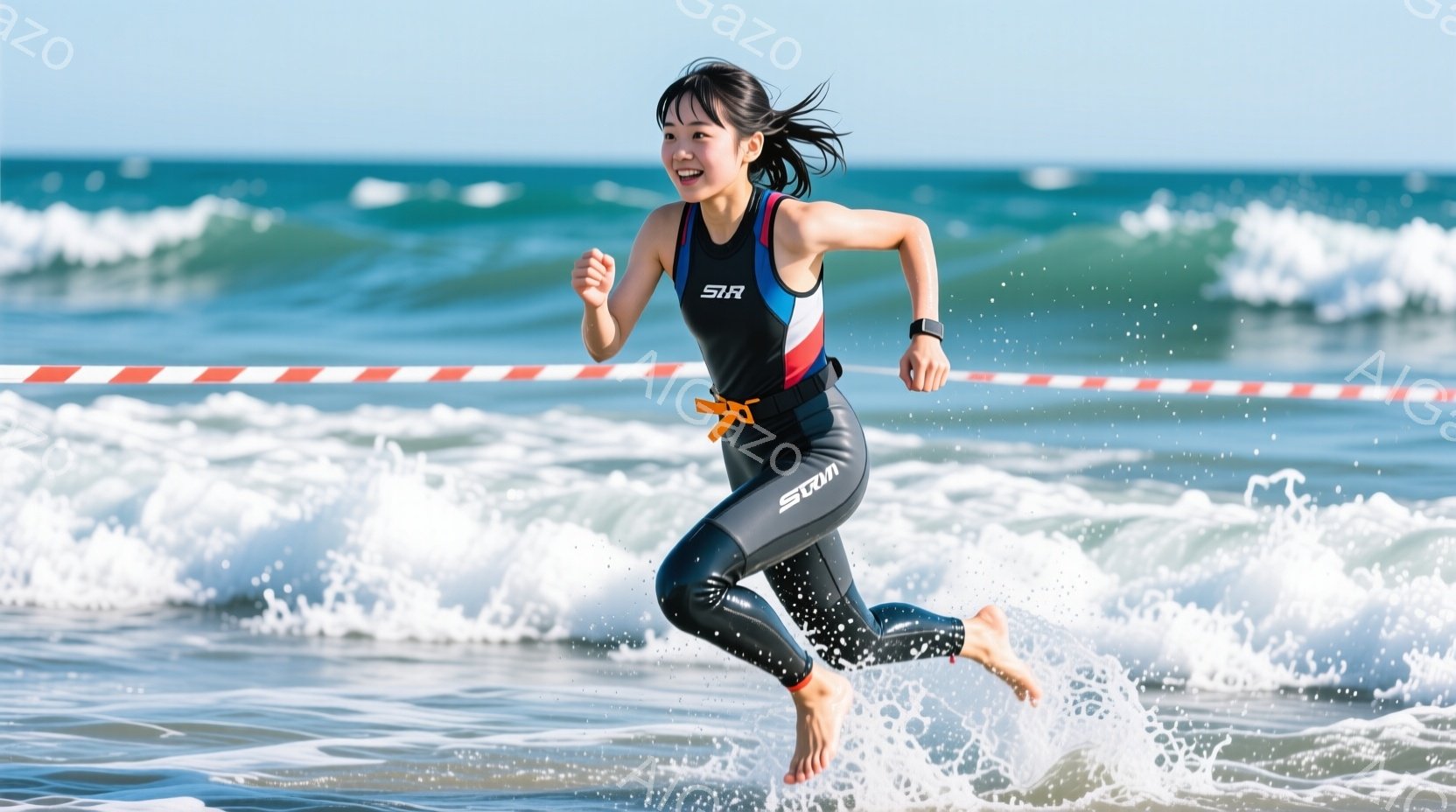 黒いトライスーツを着た女性が、波打ち際を駆け抜けている。彼女は髪をポニーテールにし、笑顔で前を見つめている。背景には青い海と白い波が広がり、晴天の下、活気に満ちた雰囲気が漂う。 - AI生成フリー素材