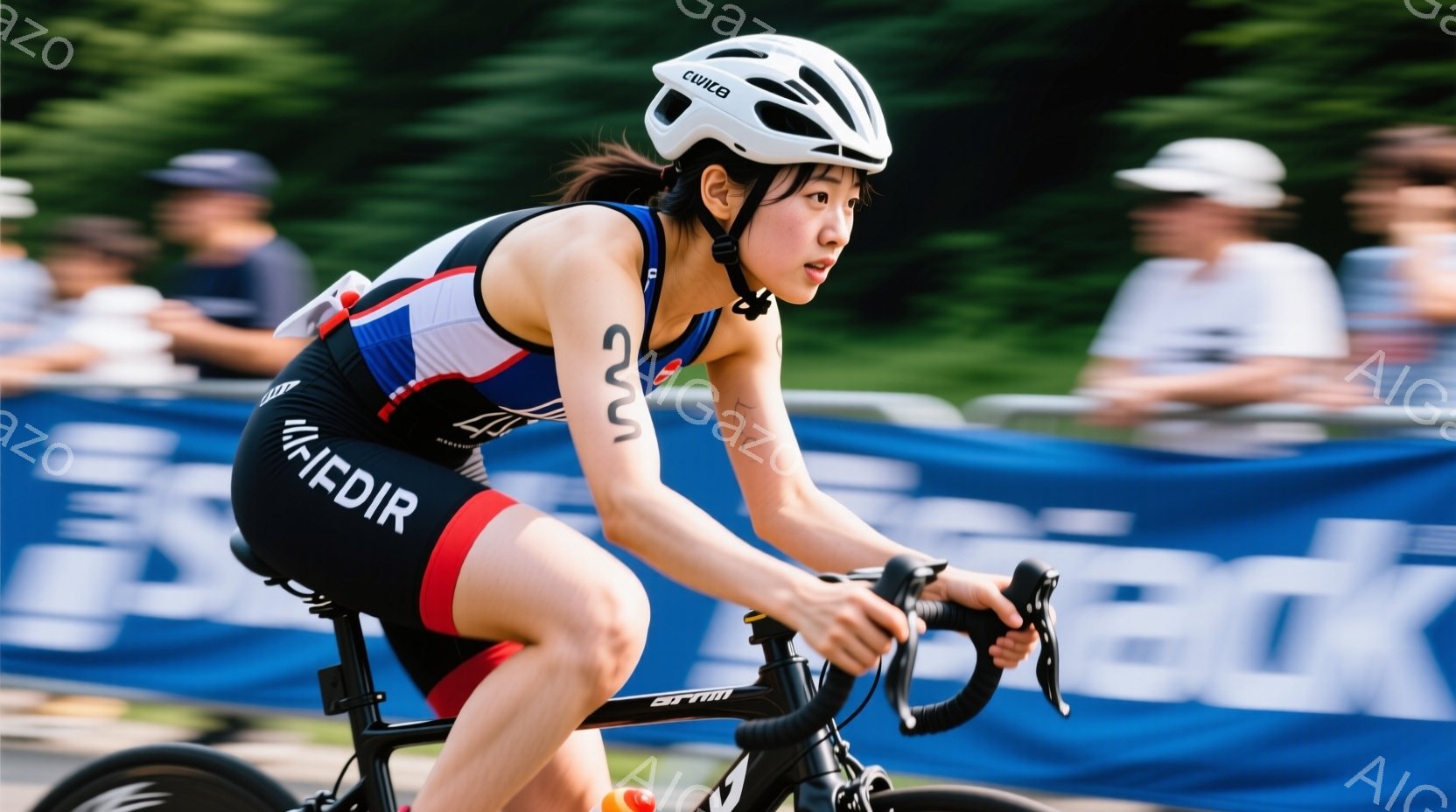 この女性はトライアスロンの競技中に自転車に乗っている様子が写っています。彼女は黒いトライスーツに白いヘルメットを着用し、髪はポニーテールにまとめています。背景にはぼやけた観客席と緑の木々が見え、晴れた - AI生成フリー素材