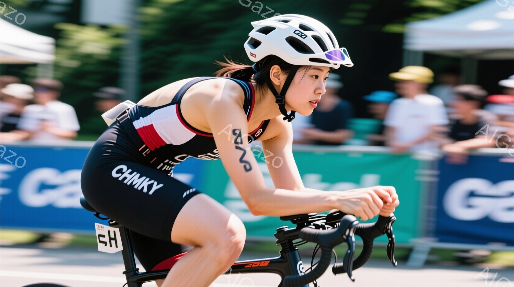 トライアスロン選手の女性が、競技用の黒いスーツと白いヘルメットを着用し、自転車に乗って前進している様子が写っている。彼女は集中した表情でハンドルを握り、姿勢は競技に最適化されている。背景には、観客席や広告が見え、晴れた日の屋外競技の雰囲気を感じさせる。