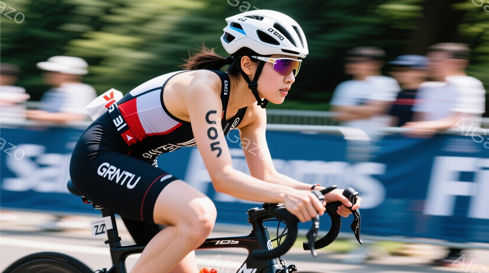 黒いトライアスロンウェアに身を包んだ女性が、ロードバイクで疾走している様子が写っている。彼女は黒いヘルメットとサングラスを着用し、髪をポニーテールにしている。背景には、ぼやけた建物と観客らしき人影が見 - AI生成フリー素材