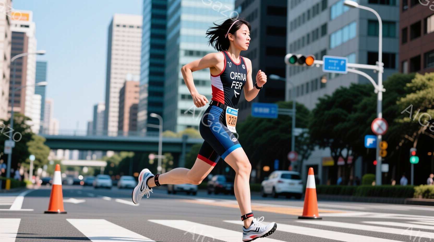 競技者と思われる女性が、横断歩道上を力強く走っている。彼女はトライアスロン用のスーツを着用し、ポニーテールで髪をまとめており、集中した表情で前を見ている。背景には高層ビルや木々が見え、晴天の下、都市部でのスポーツイベントの一コマであることがわかる。