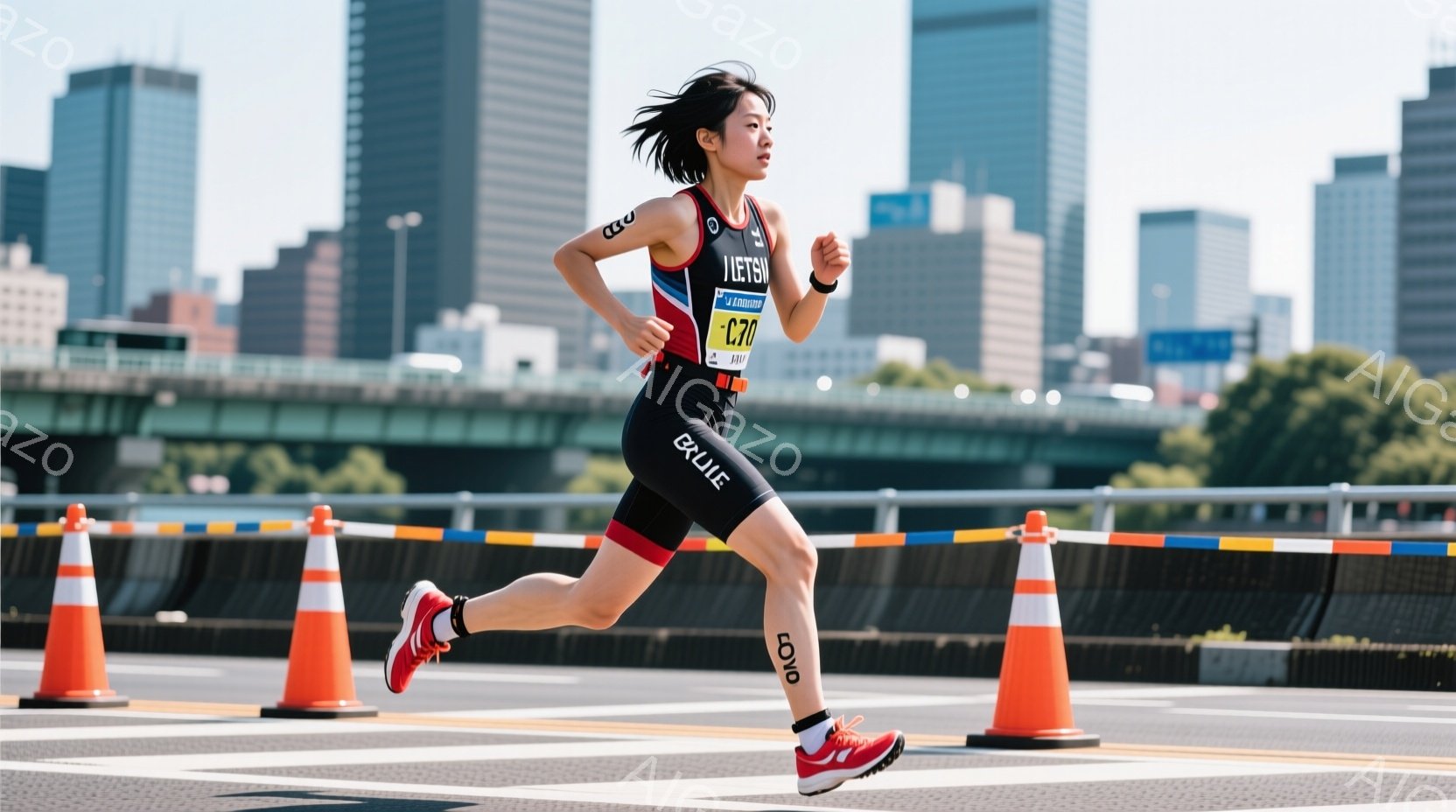 この女性はトライアスロンの競技中に走っている様子で、黒のトライスーツに鮮やかな赤色のシューズを履いています。髪は後ろでポニーテールにまとめられ、集中した表情で前を見据えています。背景には高層ビル群と緑 - AI生成フリー素材