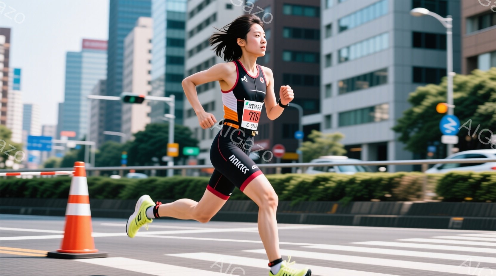 女性はトライアスロン用のスーツを着用し、競技中に疾走している様子が捉えられています。彼女は黒いショートヘアで、真剣な表情で前を見据え、力強く腕を振りながら走っています。背景には高層ビルが立ち並び、晴天 - AI生成フリー素材