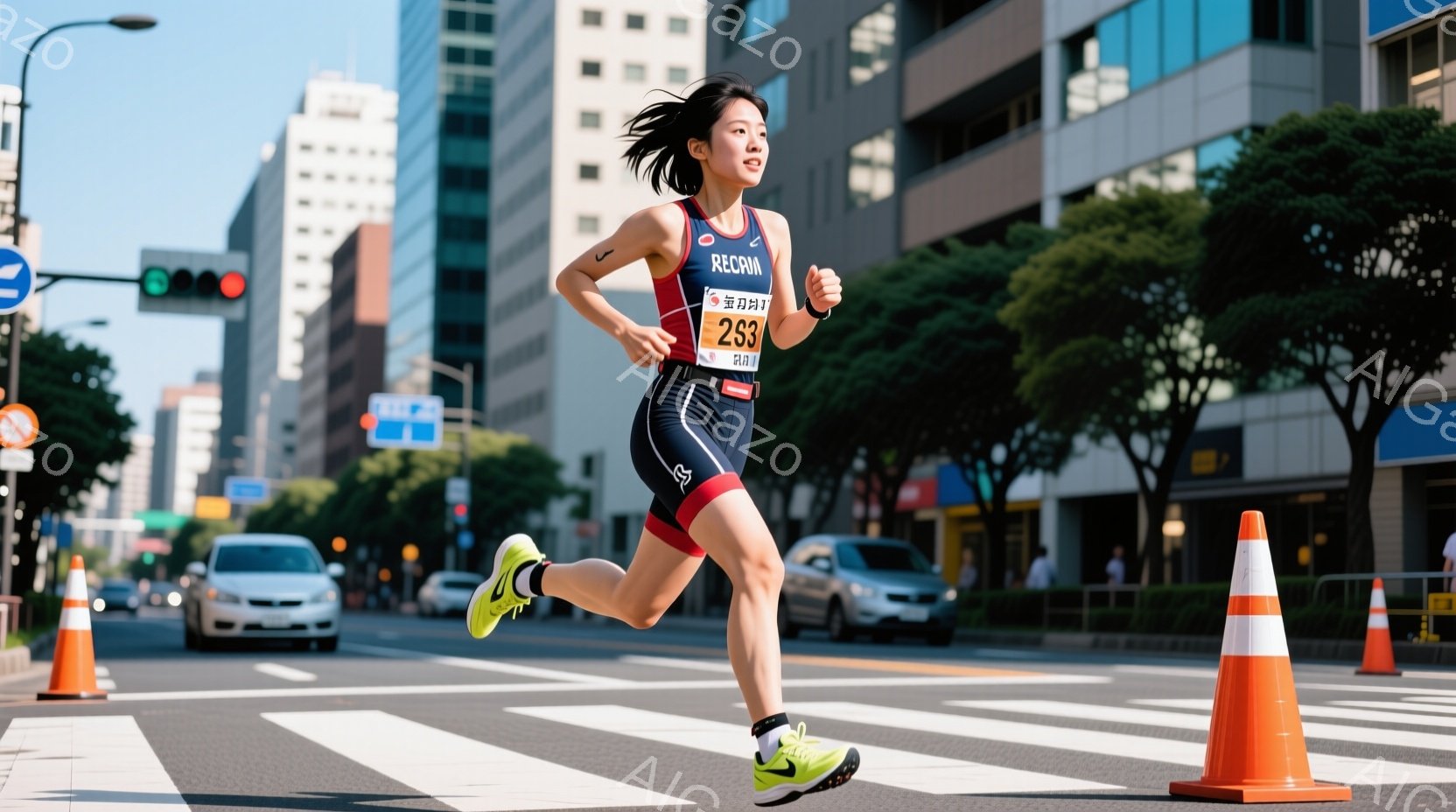 女性ランナーが道路の白線の上を走っている様子が写っている。彼女はトライアスロン用のウェアを着用し、黒いポニーテールで、集中した表情をしている。背景には高層ビルや車両が見え、晴天の下、都市部での競技が行 - AI生成フリー素材