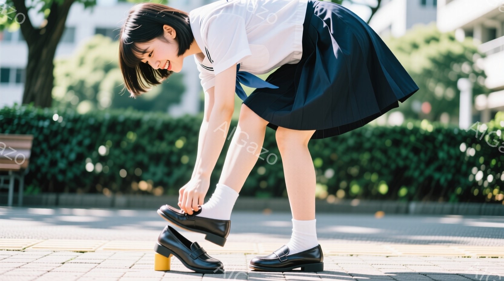 制服姿の女子学生が、靴を履こうと前かがみになっている写真です。濃い青色のプリーツスカートに白いブラウス、白いソックスを履き、黒い革靴を履こうとしている姿は、どこか初々しい印象を与えます。背景には緑の生垣と建物が見え、晴れた日の穏やかな雰囲気が感じられます。