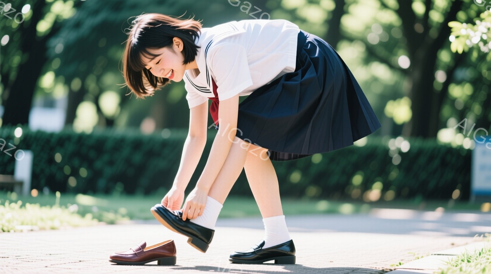 制服姿の女子学生が、屋外の歩道で靴を履こうとしているところです。紺色のプリーツスカートと白いブラウス、赤いリボンが特徴的で、髪は肩までの長さで、前髪が少しだけ顔にかかっています。背景には緑豊かな木々が - AI生成フリー素材