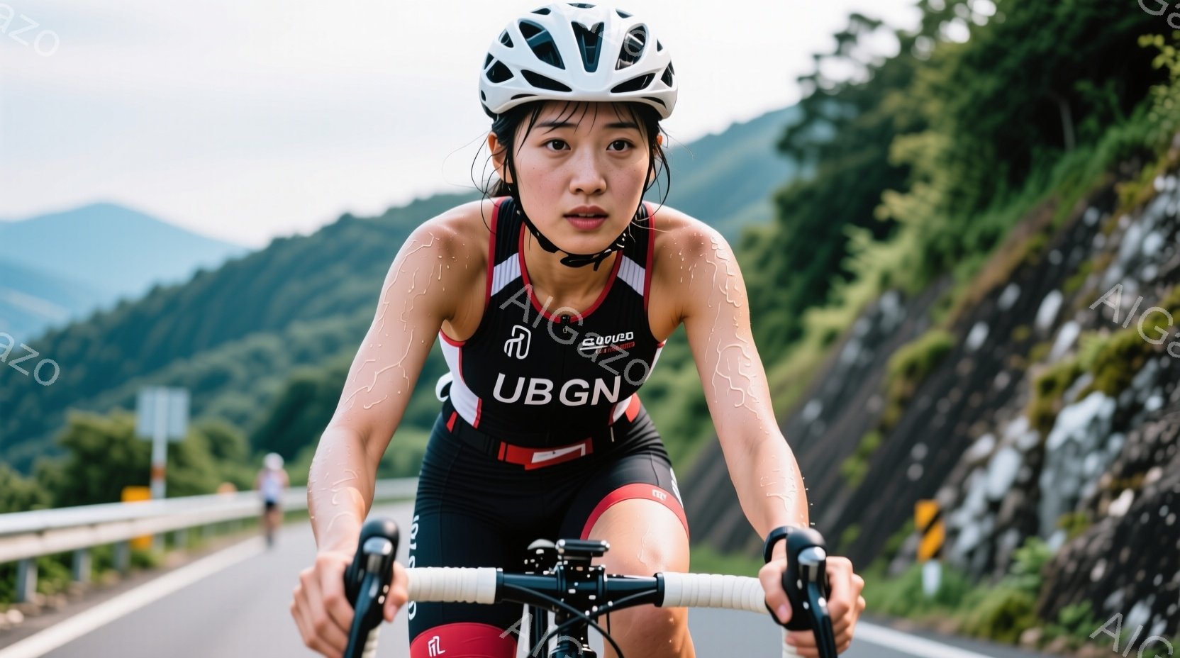 サイクリングウェアに身を包んだ女性が、ロードバイクで坂道を走行している。彼女は黒いウェアと白いヘルメットを着用し、汗ばんだ肌と真剣な表情が特徴的だ。背景には緑豊かな山々が広がり、晴天の下、アスファルト - AI生成フリー素材
