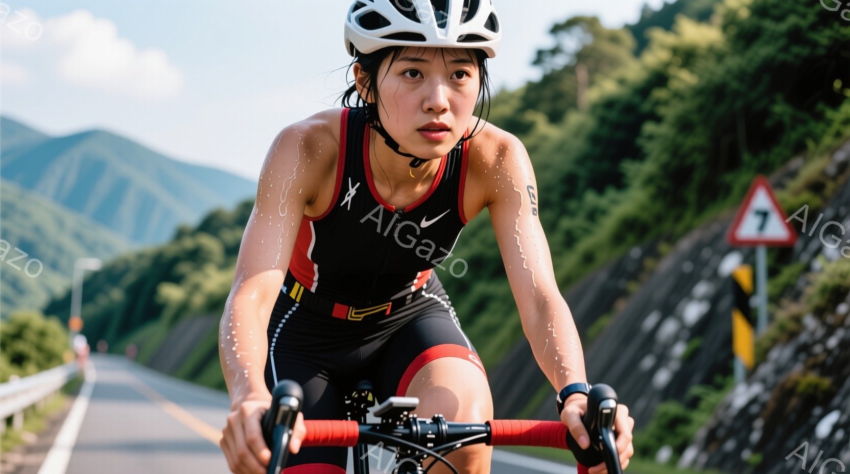 女性はサイクリングウェア（黒と赤のトリップスーツ）を着ており、ヘルメットを着用し、額には汗が光っています。彼女は自転車のハンドルバーを握り、少し苦悶の表情を浮かべており、坂道を力強く上っている様子が伺えます。背景には緑豊かな山々が広がり、道路標識が見え、晴れた日のアウトドアスポーツを楽しむアクティブな雰囲気が漂っています。