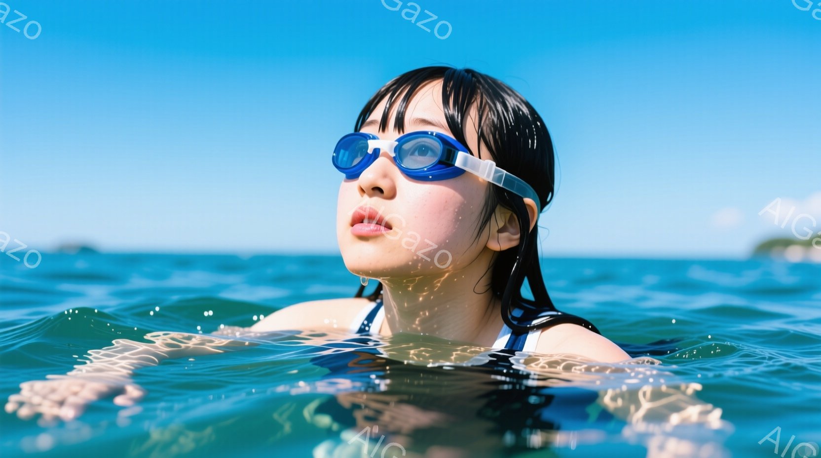 水中で仰向けに浮かぶ若い女性が写っている。黒い髪は濡れており、水面に沿って広がっている。彼女はゴーグルを着用し、少し口を開けてリラックスした表情をしている。 - AI生成フリー素材