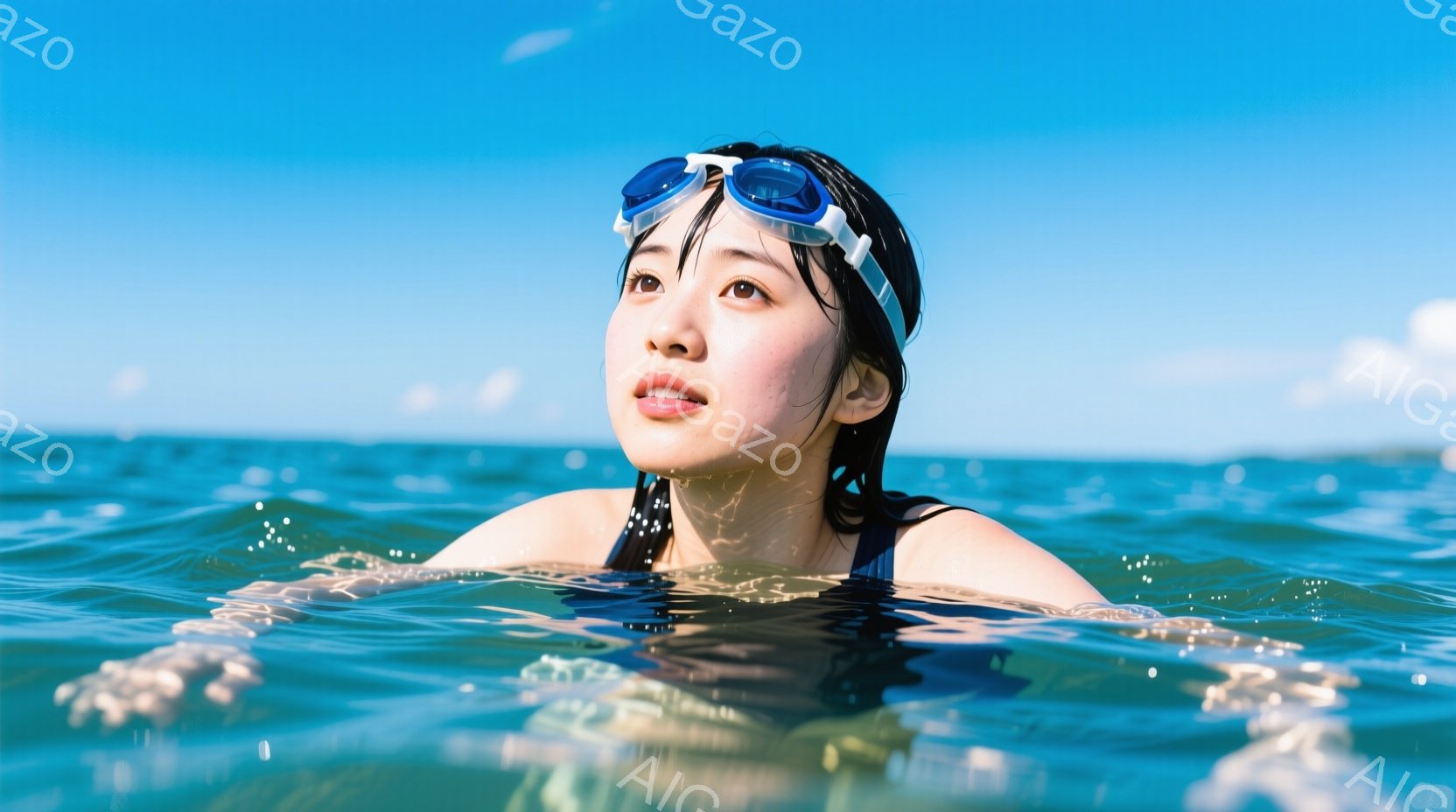 鮮やかな青い海に、水泳ゴーグルをつけた女性が顔を出している。濡れた髪は肩にかかり、表情は穏やかで、少し上を見ている。背景には青い空と、遠くに見える地平線が広がり、明るく爽やかな夏の日の雰囲気が漂ってい - AI生成フリー素材