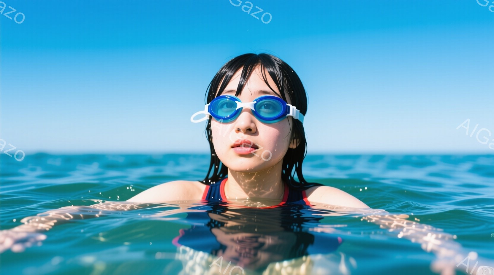 紺色の水面に顔を出し、ゴーグルをかけた若い女性が写っている。黒髪を水に濡らし、赤い縁取りのある水着を着て、リラックスした表情で腕を広げている。背景は青空と穏やかな海で、水面の反射が光り、平和で爽やかな雰囲気を醸し出している。