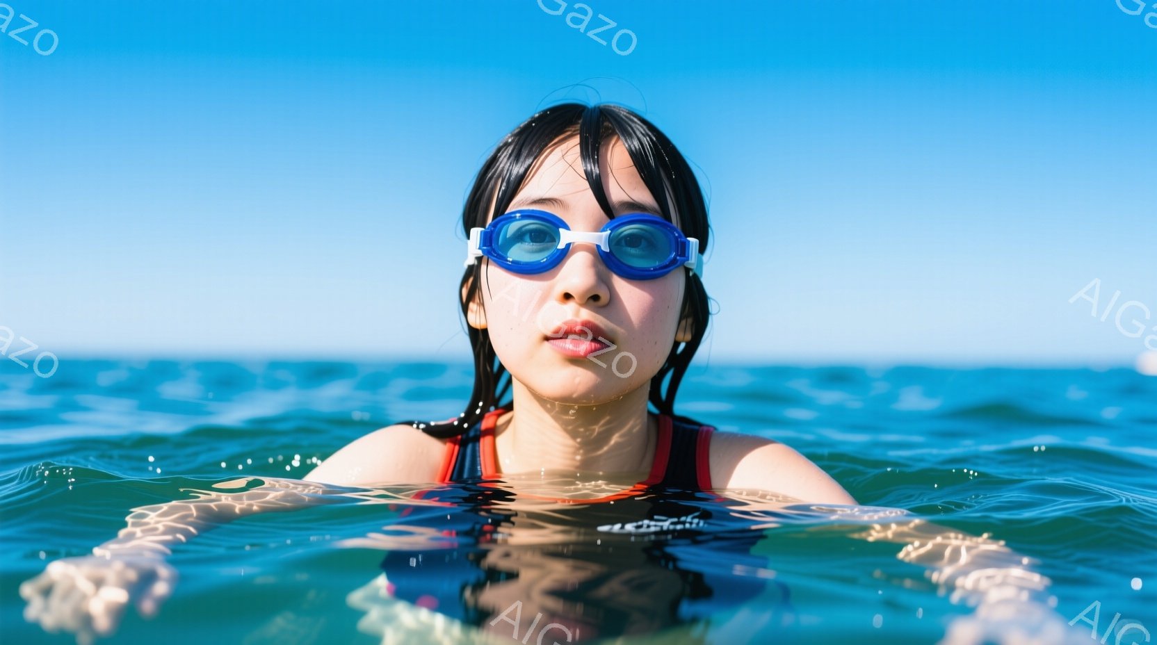 水中で女性が顔を出しており、水泳ゴーグルをかけている。彼女は黒髪で、水に濡れて少しカールしている。背景は青い海と空で、波が穏やかに広がっており、全体的に爽やかでリラックスした雰囲気が漂っている。 - AI生成フリー素材