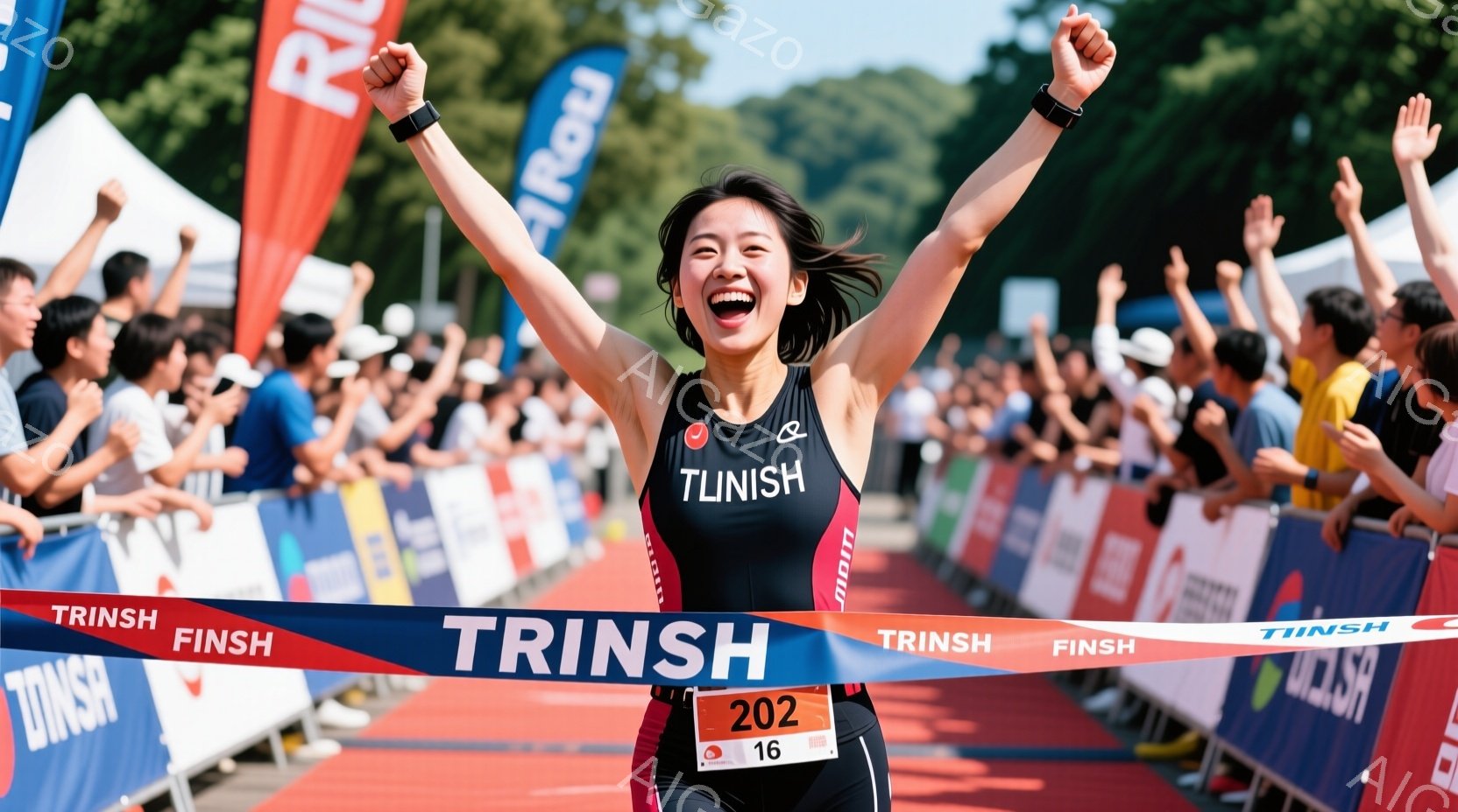 この女性は、マラソンまたはトライアスロンのフィニッシュラインを駆け抜けて喜んでいる様子が写っている。黒いトライアスロンスーツに、ピンクのヘッドバンドを着用し、両手を高く上げて歓喜している。背景には観客や沿道の建物が見え、晴れた日のスポーツイベントの活気ある雰囲気が伝わってくる。