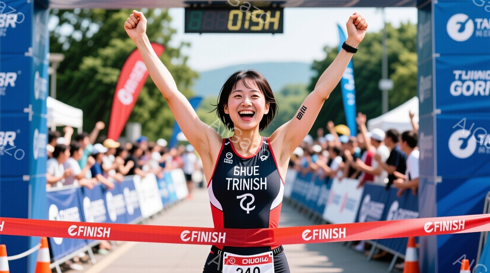競技を終えた女性が、フィニッシュラインを駆け抜け、両手を高く上げて歓喜している様子が写っている。彼女は黒いトライスーツを着用し、ポニーテールで髪をまとめており、満面の笑顔で非常に喜んでいる。背景には観 - AI生成フリー素材