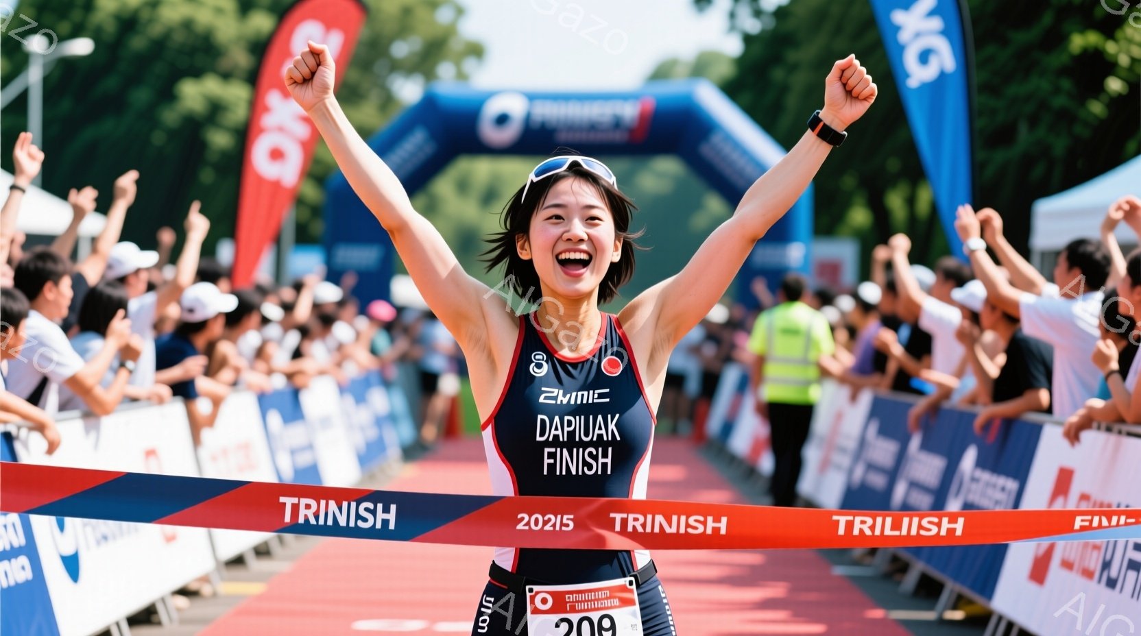 マラソン競技でゴールテープを切った女性アスリートが写っている。彼女は黒いトライスーツを着ており、髪はポニーテールに結ばれている。満面の笑みを浮かべ、両手を高く上げて勝利を喜んでいる様子が伝わってくる。