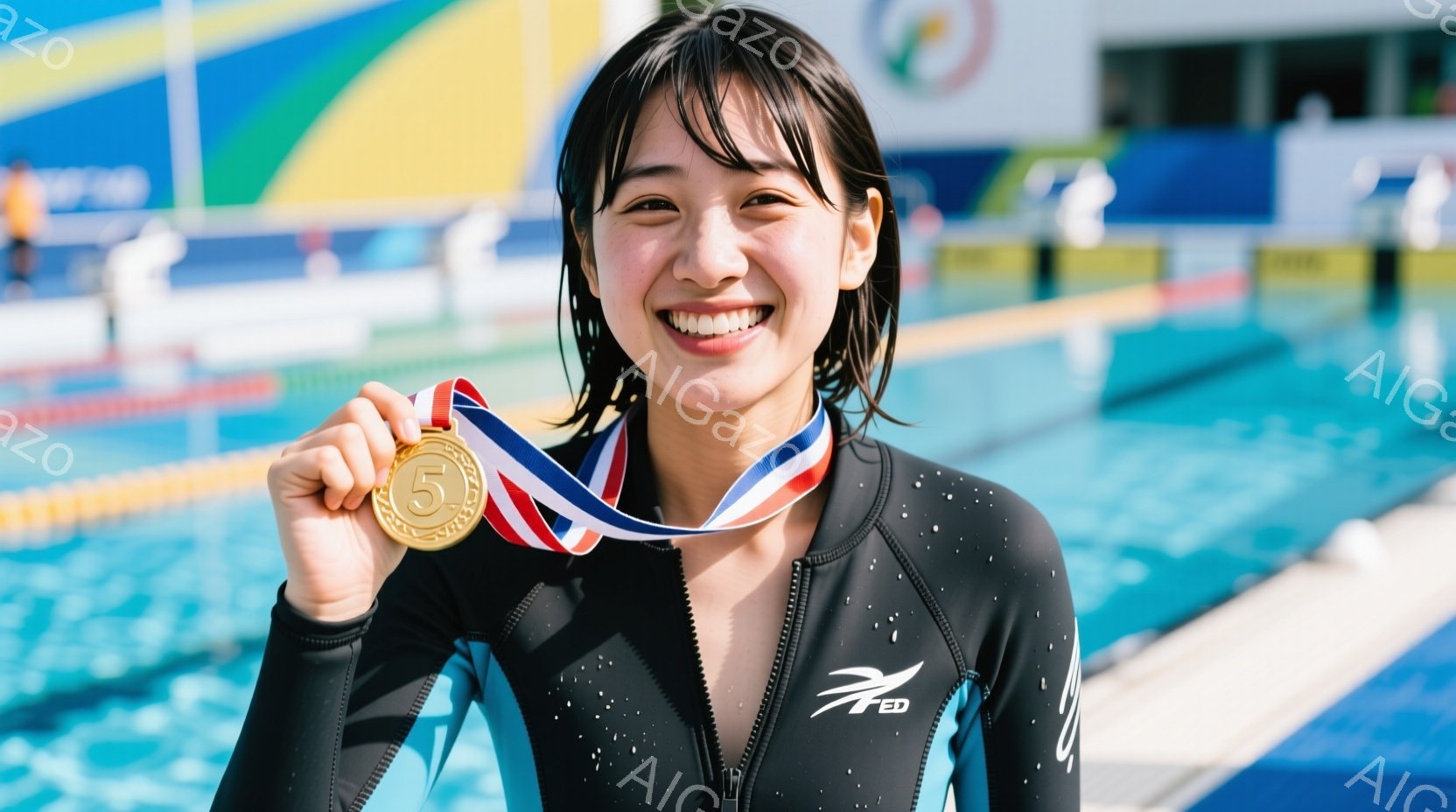 競技用水着を着た若い女性が、金メダルを手に満面の笑みを浮かべている。彼女は黒色の水着に身を包み、濡れた髪を後ろに寄せている。背景には水泳プールと、観客席らしき構造物、そして晴天の下の青空が見える。 - AI生成フリー素材