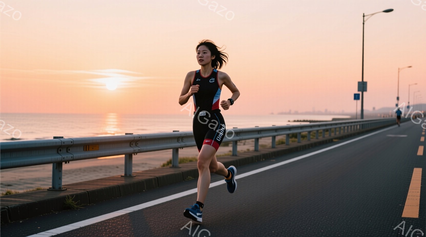 トライアスロンウェアを身につけた女性が、海沿いの道路を走っている。髪は後ろで一つにまとめられ、表情は真剣で、目標に向かって全力で走る姿が印象的だ。背景には穏やかな海と、夕焼け空が広がり、彼女の走る姿をドラマチックに引き立てている。