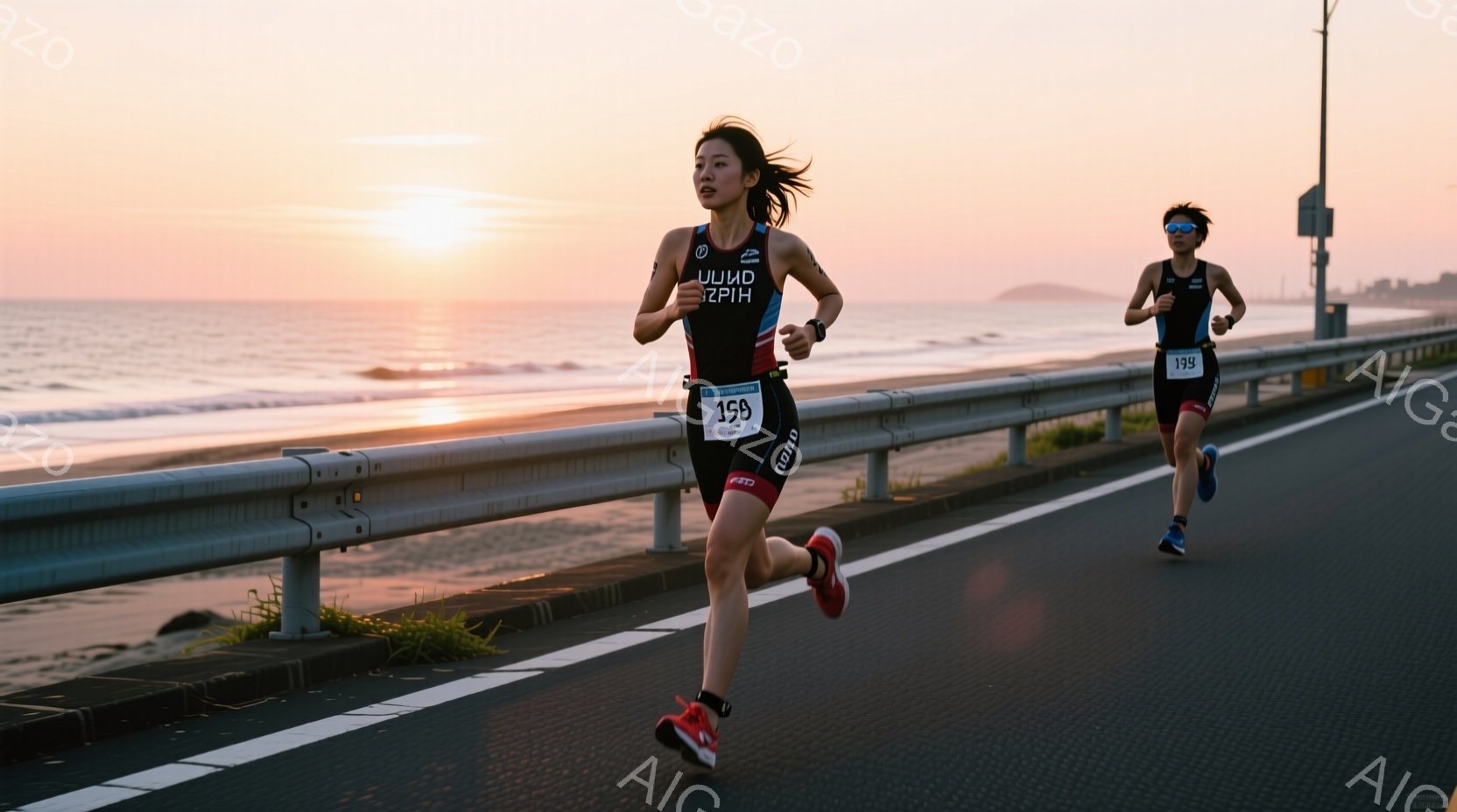 日の出の時間帯に、女性ランナーが海岸沿いの道路を走っている様子が捉えられています。彼女はトライアスロン用のスーツを着用し、髪をポニーテールにしています。背景には穏やかな海と朝焼けの空が広がり、活気と希望に満ちた雰囲気が漂っています。