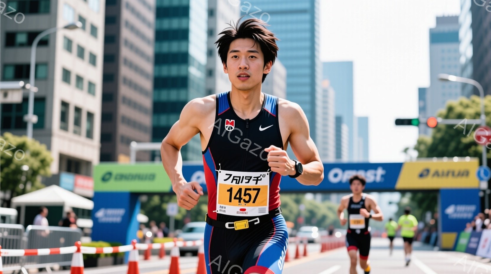 競技者がマラソンコースを疾走している様子が写っている。黒いトライスーツを着用し、背中には数字の「1457」が表示されている。背景には高層ビルや緑豊かな木々が見え、晴天の下、活気あふれる競技の雰囲気が伝 - AI生成フリー素材