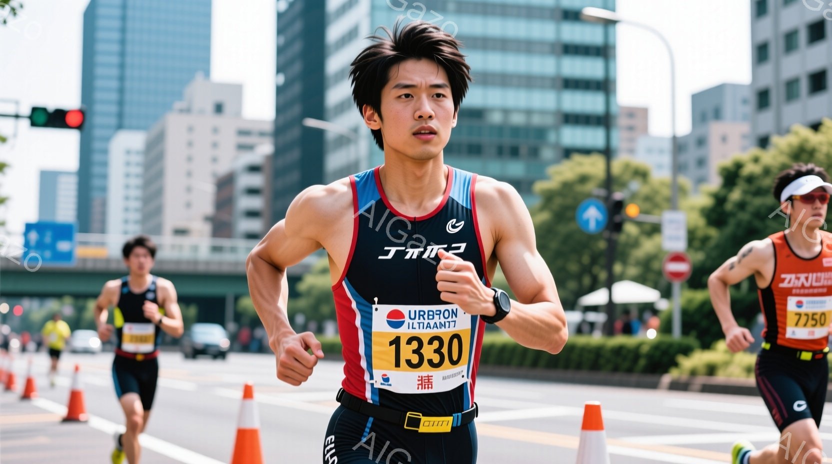 マラソンランナーが街中の道路を走っている様子が写っている。彼は赤いシングレットと黒のショートパンツを着用し、競技番号「1330」を付けている。背景には高層ビルや緑豊かな木々が見え、晴天で活気のある雰囲 - AI生成フリー素材