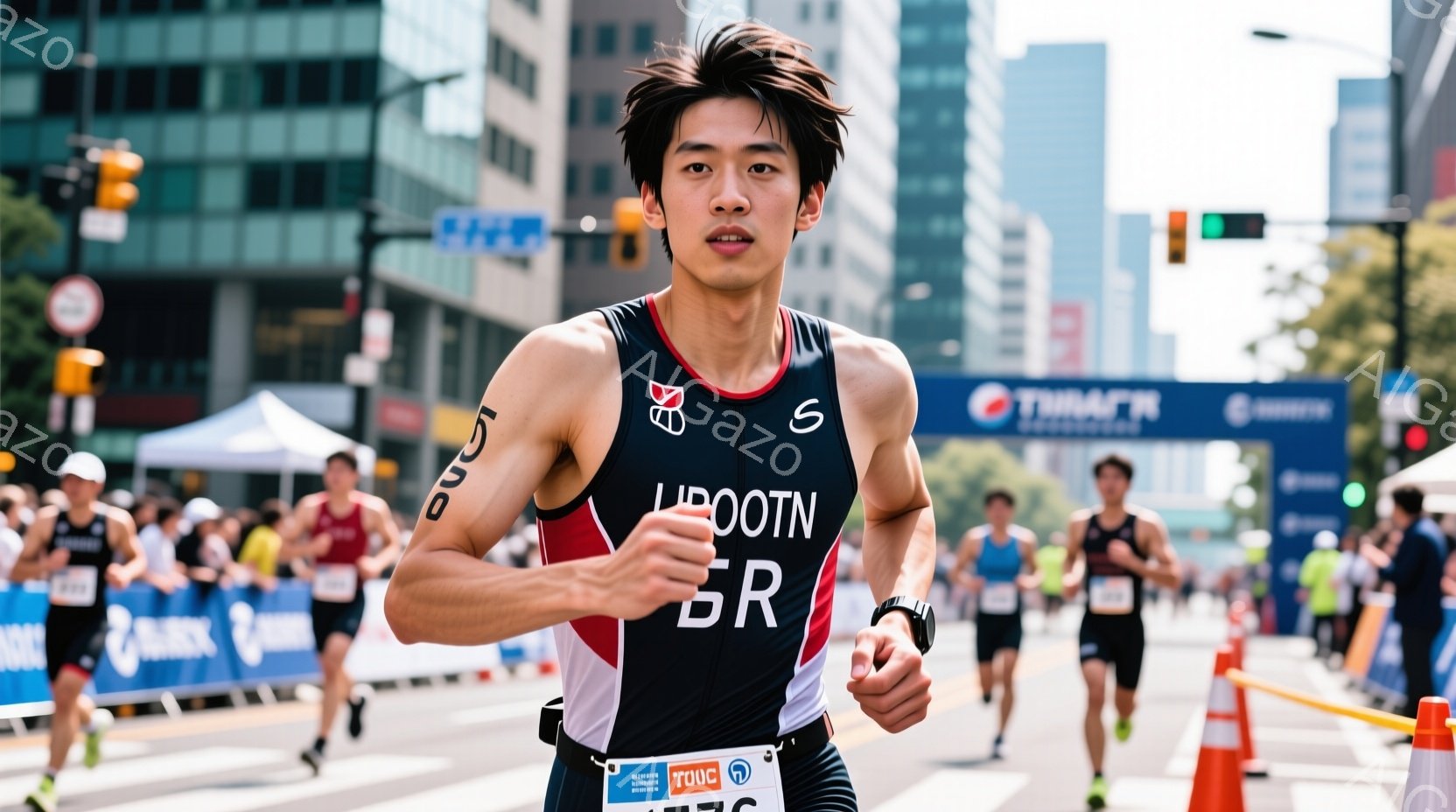 競技中の男性ランナーが写っている。黒のトライスーツに赤いラインが入っており、胸にはスポンサーロゴが大きくプリントされている。背景には高層ビルが立ち並び、多くの観客や他のランナーがいて、活気に満ちた競技の様子が伝わってくる。
